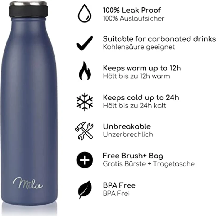 Milu Edelstahl Trinkflasche 500ml, doppelwandig isolierte Wasserflasche, auslaufsicher, kohlensäuregeeignet, Navyblau – inkl. Reinigungsbürste – Bild 2