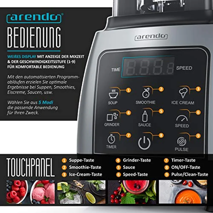 Arendo Standmixer, 2000 Watt, Touchpanel, 2L, 9 Geschwindigkeitsstufen – Bild 3