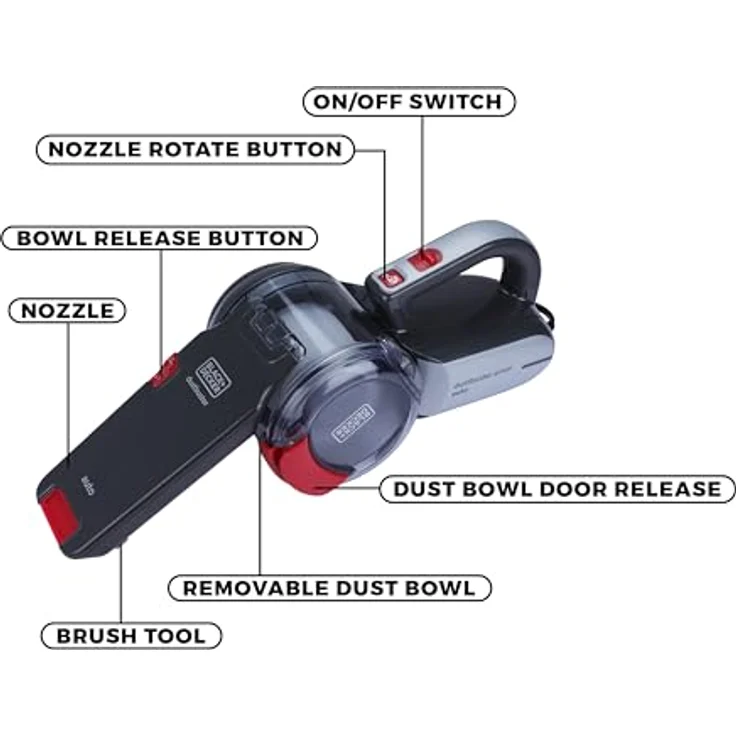 Black & Decker PV1200AV-XJ Autosauger Dustbuster Pivot, Bürstenaufsatz, Fugendüse, flexiblem Saugschlauch, Aufbewahrungsnetz – Bild 3