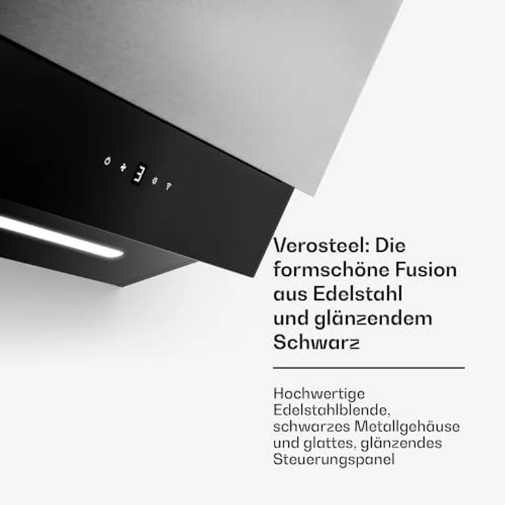 Klarstein Verosteel Dunstabzugshaube 60 cm, Kopffreihaube mit 624 m³/h, A++ Energieeffizienz, Touch-Bedienung, LED-Beleuchtung, leise, Edelstahl & schwarzes Glas, spülmaschinenfester Filter – Bild 6