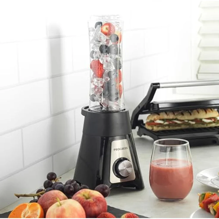 PROGRESS EK5883PVDE Kompakter Mixer – Elektrischer Smoothie-Maker, 600 ml Fassungsvermögen, 2 Geschwindigkeitsstufen mit Pulsfunktion, 2 tragbare Sportflaschen, Easy-Drink-Deckel, 400W – Bild 3