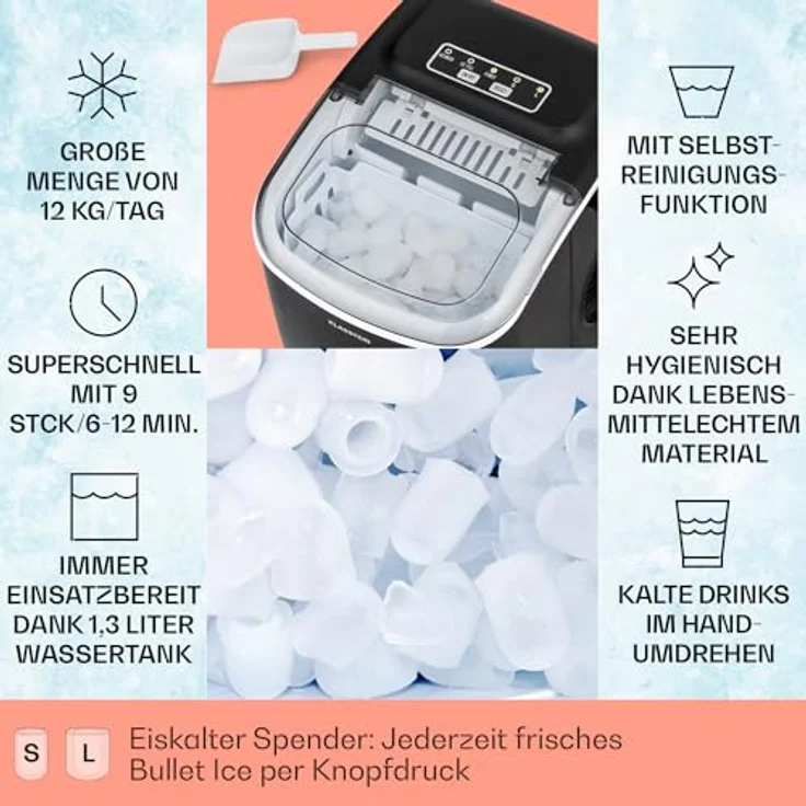 Klarstein Eiswürfelmaschine für Zuhause Camping Gastro, Schnelle Mini-Eiswürfelmaschine Klein, Profi Eismaschine für Große & Kleine Eiswürfel, Selbstreinigend, 1,3L Wassertank, 12kg Eis in 24h - Preisvergleich – Bild 2