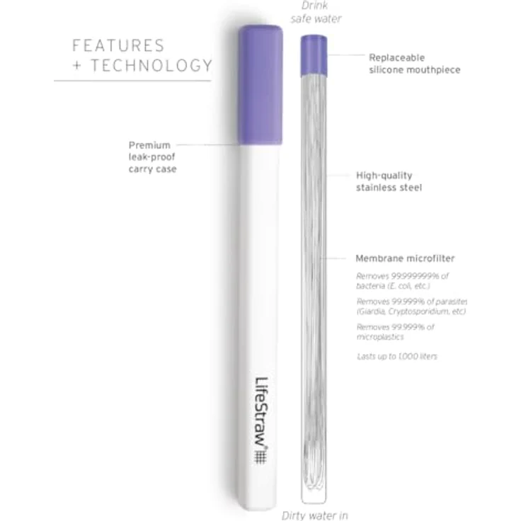 LifeStraw Sip, Wiederverwendbarer Edelstahl Wasserfilter-Strohhalm mit Aktivkohlefilter und Trageetui, Distelviolett – Bild 3