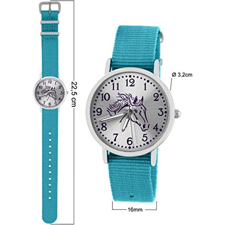 Pacific Time Mädchen Uhr Pferde, analoge Quarz-Armbanduhr mit leuchtenden Zeigern, hellblau, Textil Wechselarmband 10308 – Bild 5