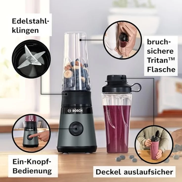 Bosch MMB2111S Standmixer, 450 Watt, 0,6 Liter, FlowBooster, inkl. Trinkflasche, schwarz-silber – Bild 3