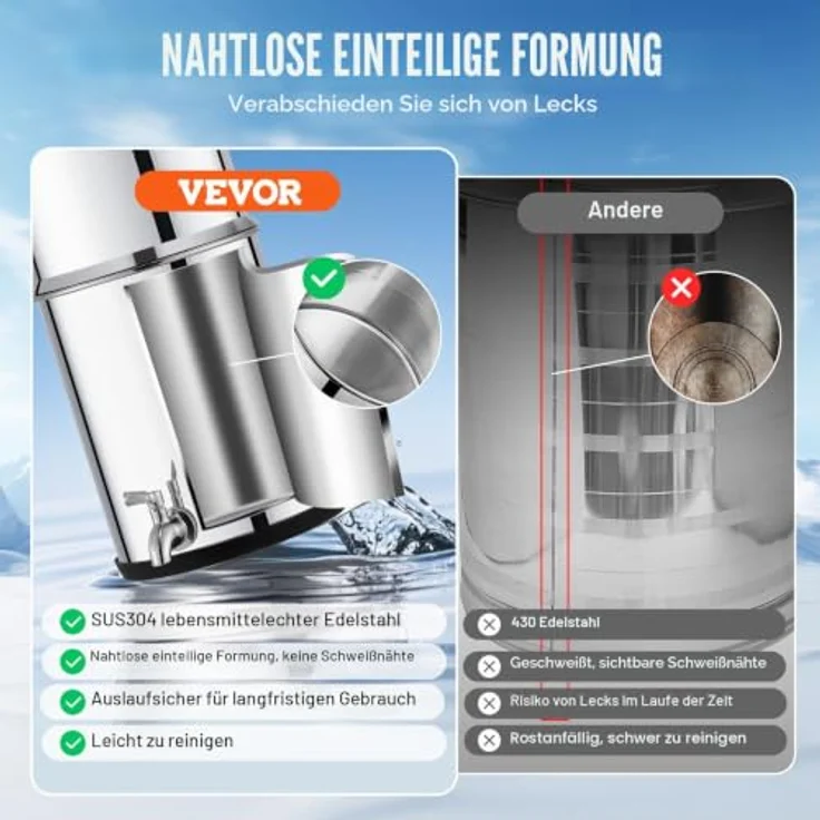 VEVOR Schwerkraft-Wasserfiltersystem, 304 Edelstahl, 2,25 Gallonen, reduziert Blei und bis zu 99 % Chlor, mit 2 Kohlefiltern und Zapfhahn – Bild 3