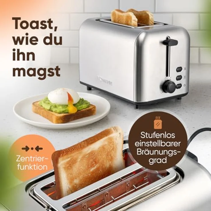 Bomann® Toaster TA 6080 CB, 2 Scheiben mit integriertem Brötchenaufsatz, extra breite Toastschlitze, Edelstahlgehäuse, Auftau-/Aufwärm-Funktion, stufenloser Bräunungsgrad – Bild 5
