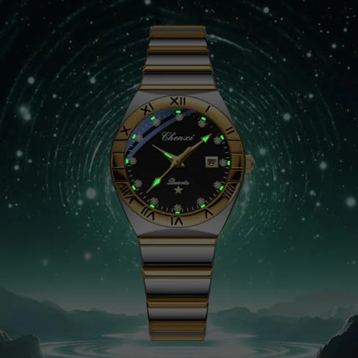 JewelryWe Damenuhr Edelstahl, 30m wasserdicht, Kalender Analog Quarz mit Römischen Ziffern und Strassskala, Schwarz rundes Zifferblatt, Gold/Silber Armband – Bild 5
