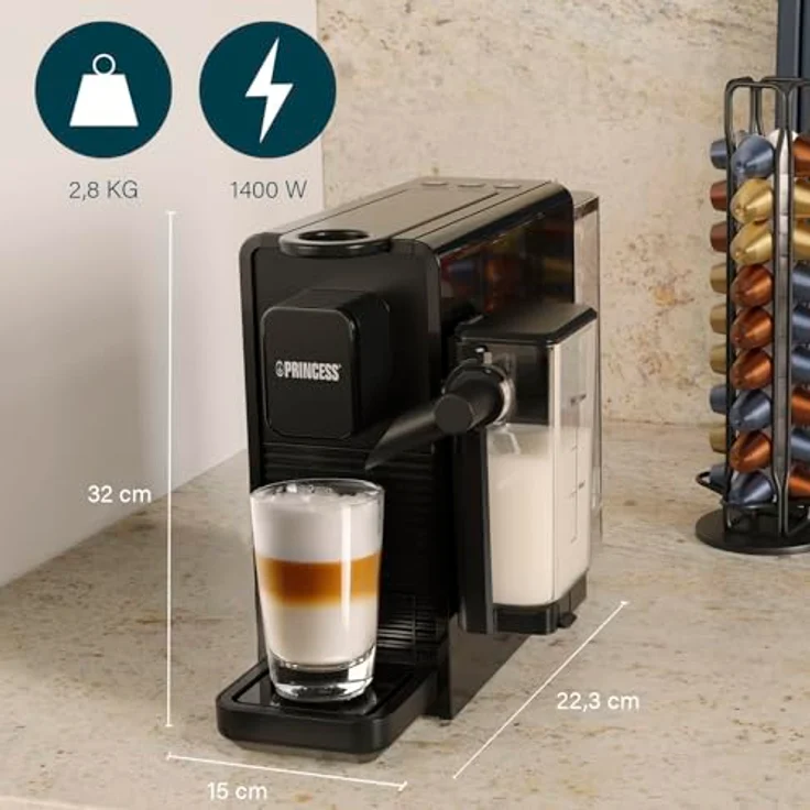 PRINCESS 249455 Capsule and Latte Pro, Kapselmaschine mit 20 bar Pumpe, kompatibel mit Nespresso-Kapseln, automatischem Milchsystem und 0,8L Wassertank – Bild 3