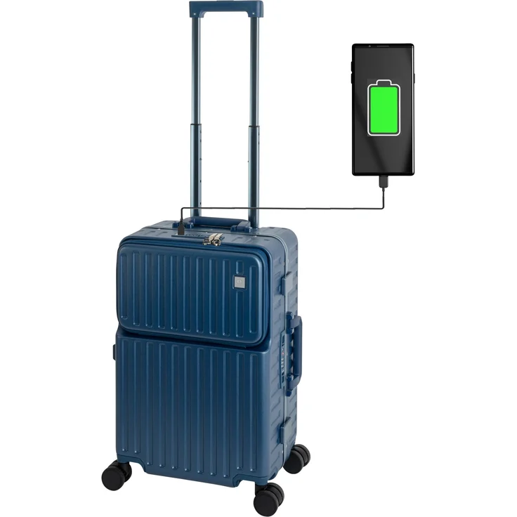 Travelhouse Hartschalen-Trolley Roma, 4 Rollen, mit USB und Getränkehalter Aluminium-Rahmen & Polycarbonat Hartschale, Handgepäckkoffer 55cm, blau – Bild 1
