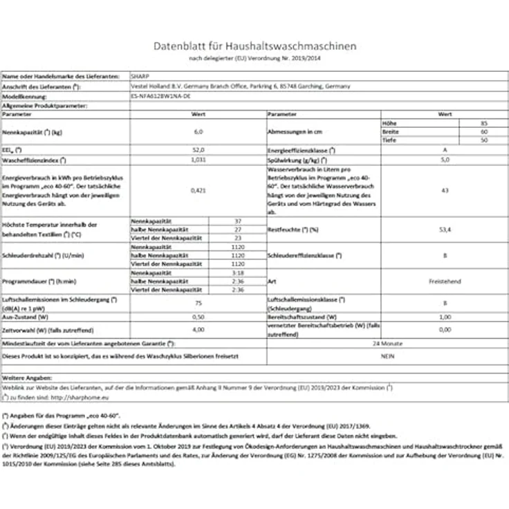 Sharp ES-NFA612BW1NA-DE Waschmaschine 6 kg, Slim 42 cm Tiefe, effiziente und zuverlässige Nutzung – Bild 12