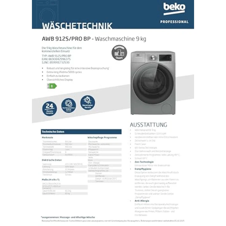 Beko Professional AWB 912S/PRO, freistehende Waschmaschine für gewerblichen Gebrauch, 9 kg, 1200 U/min, silber, 24 Programme, Anti-Flecken-Schnellwaschgang, Dampffunktion – Bild 5