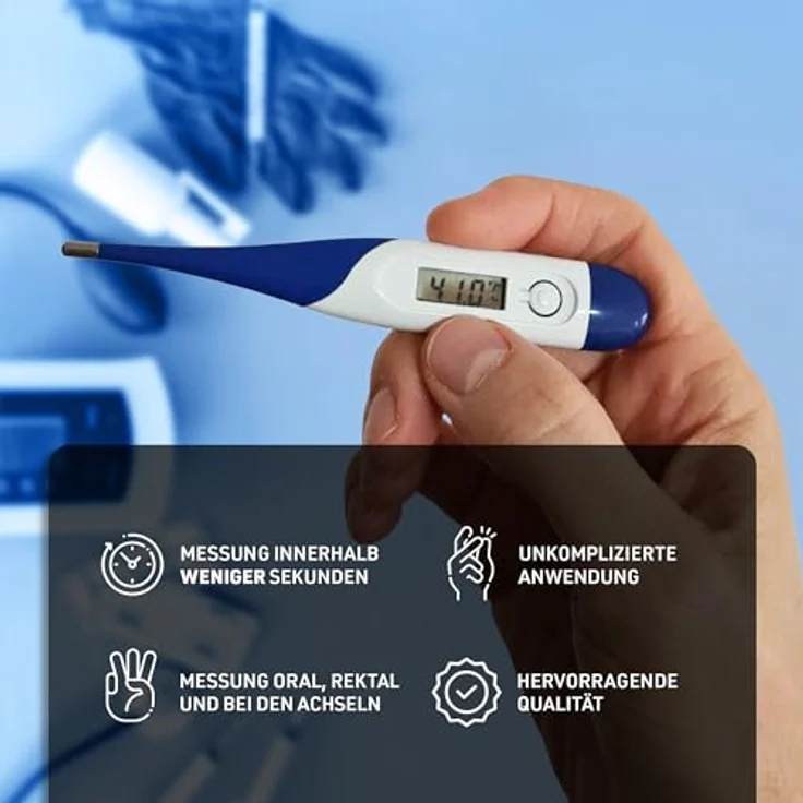 IEA Medical Fieberthermometer digital mit flexible Spitze, Fieberalarm, Reise Gadget, für Kinder & Erwachsene, Blau – Bild 2