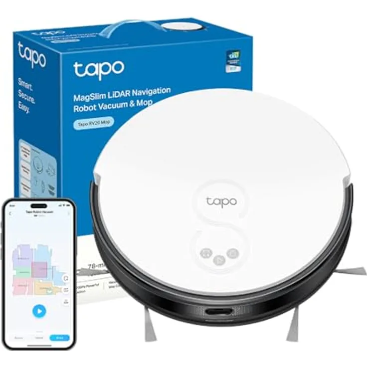 Tapo RV20 Mop MagSlim LiDAR Navigation Saugroboter mit Wischfunktion, 2700Pa 4-stufige Saugmodi, 51dB Leise Reinigung, 2600mAh Akku - Schwarz