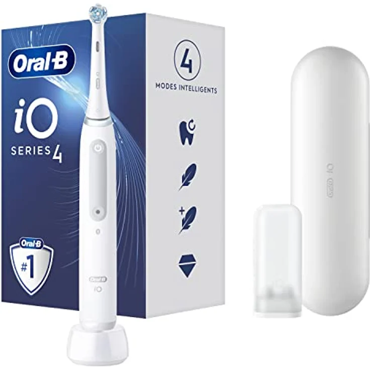 Oral-B iO 4N Elektrische Zahnbürste mit wiederaufladbarem Griff, 1 Kopf und Reisekoffer, entworfen von Braun, Originelle Geschenke für Damen und Herren - Weiß – Bild 1