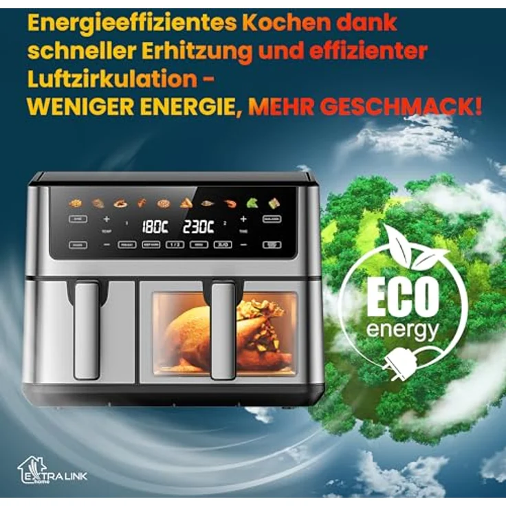 Extralink 2500W Airfryer 10L (6.5L + 3.5L), Heißluftfritteuse Doppelkammer mit 8 Kochfunktionen, LED-Touchscreen, 80°C bis 200°C, 90% weniger Fett – Bild 7