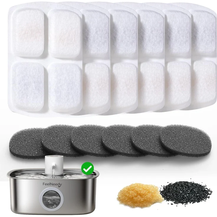 FEELNEEDY Ersatzset für Katzentrinkbrunnen FN-W18, 6er Pack Filter & 6er Pack Schwämme mit 4-Schichten-Filtersystem für 8L Edelstahl