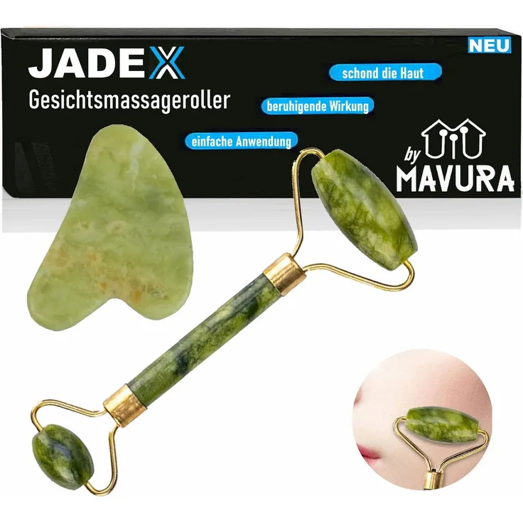 MAVURA Gesichtsmassagegerät JADEX Jade Roller Set, Anti Aging Anti Falten, mit Gua Sha