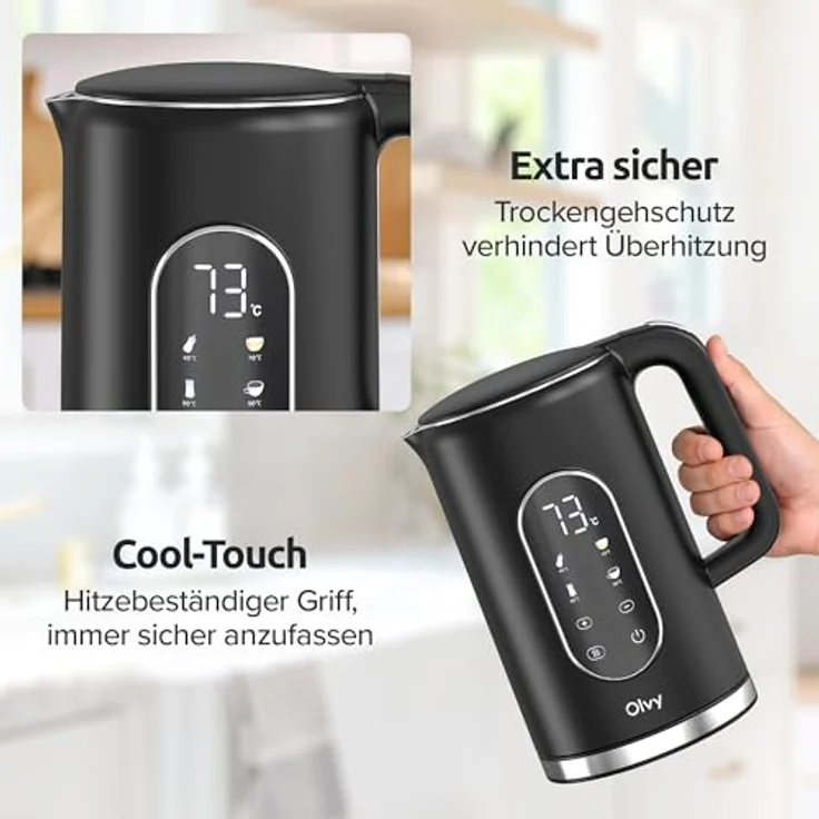 Olvy Wasserkocher mit Temperatureinstellung 1,7L – Edelstahl, LCD-Display, 2200W, BPA-frei, Warmhaltefunktion, Temperaturwahl 40–100°, Kalkfilter, cool touch – Bild 9