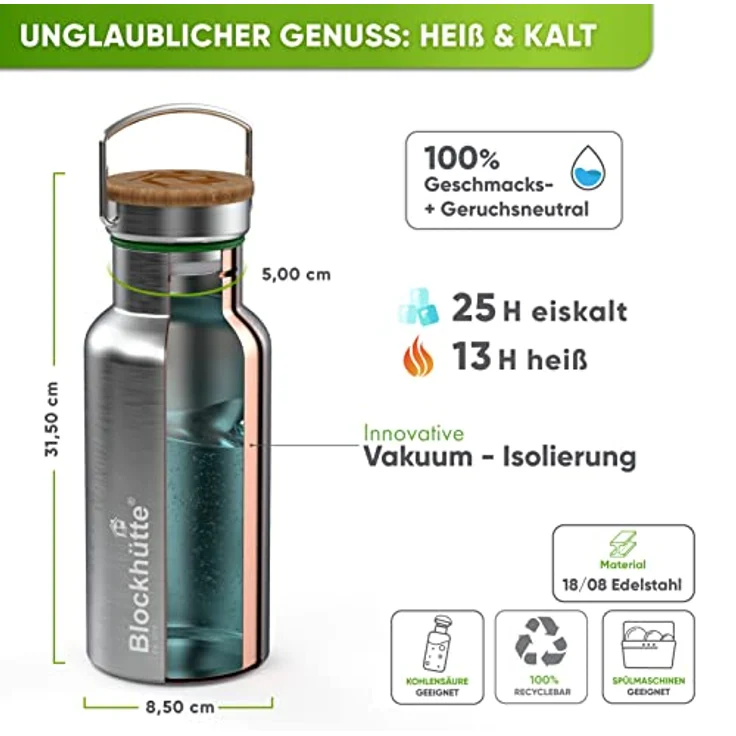 Blockhütte Personalisierte Edelstahl Trinkflasche 1L - Auslaufsichere Thermoflasche, BPA-frei, Kohlensäure geeignet, für Kinder und Erwachsene, Gravur mit Namen – Bild 3