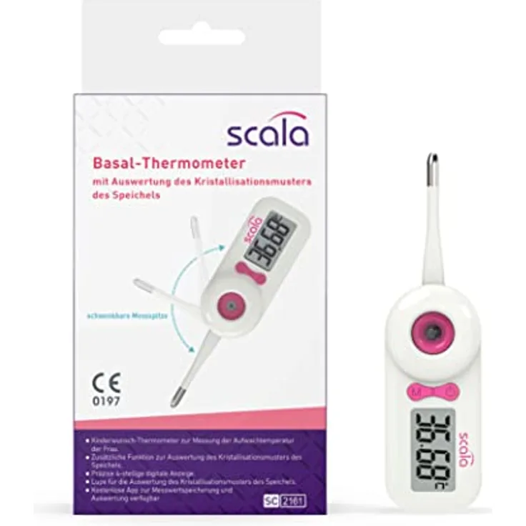 scala SC 2161 NFC Basal Fieberthermometer mit eine kostenlosen APP für die Aufzeichnung der Messwerte Sprachausgabe in 15 Sprachen über die APP, weiß