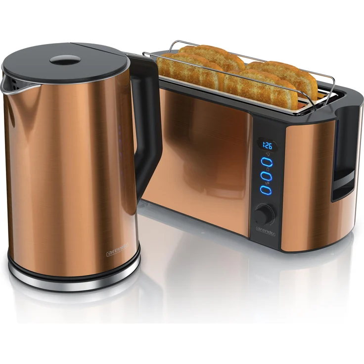 Arendo Frühstücks Set, Edelstahl Wasserkocher 1,5l Temperaturwahl & 4-Scheiben Langschlitz Toaster, Kupfer, 1,7 Liter, 4 Temperaturstufen, Warmhaltefunktion