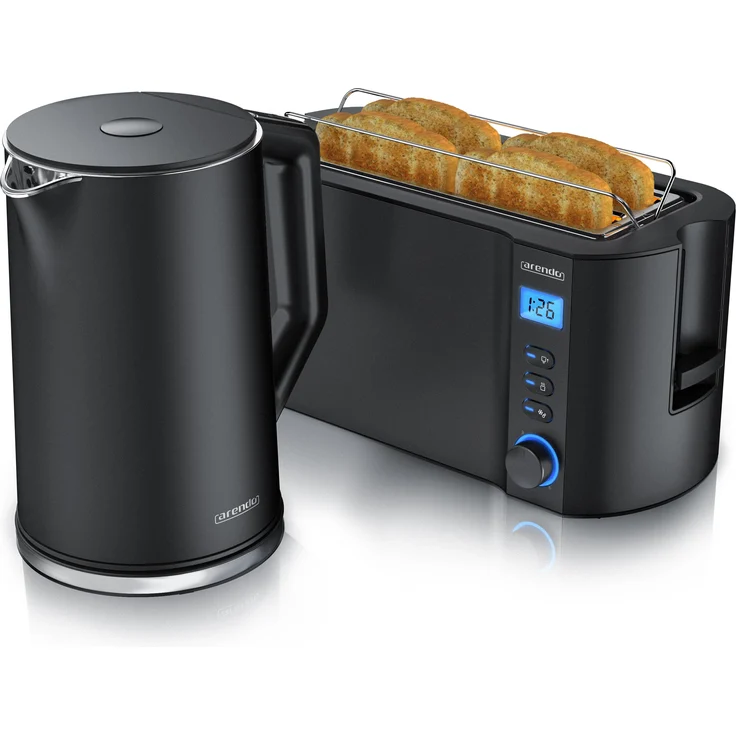 Arendo Frühstücks Set, Edelstahl Wasserkocher 1,5l Temperaturwahl & 4-Scheiben Langschlitz Toaster, Schwarz, Toaster, Schwarz