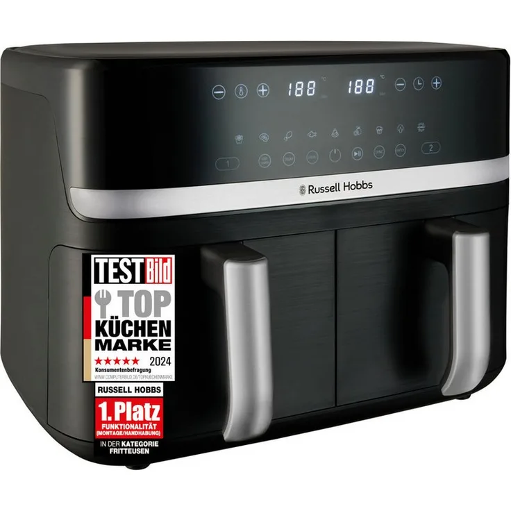RUSSELL HOBBS Satisfry Dual Basket Heißluftfritteuse 9L, digitale Steuerung, 2.800 Watt, schwarz mit silbernen Akzenten
