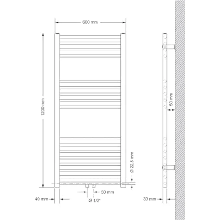 LuxeBath Badheizkörper 600x1200 mm, Weiß mit Mittelanschluss, vertikales D-Profil, Wärmeleistung 649 Watt – Bild 2