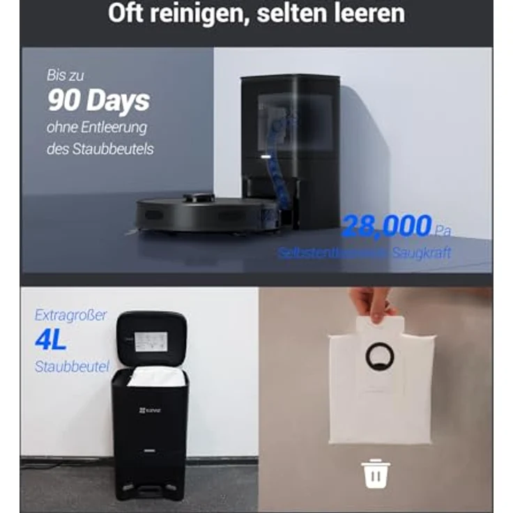 EZVIZ Roboterstaubsauger RE4 Plus mit automatischer Staubentleerung, WLAN, LiDAR Navigation, 28.000 Pa Saugkraft schwarz – Bild 4