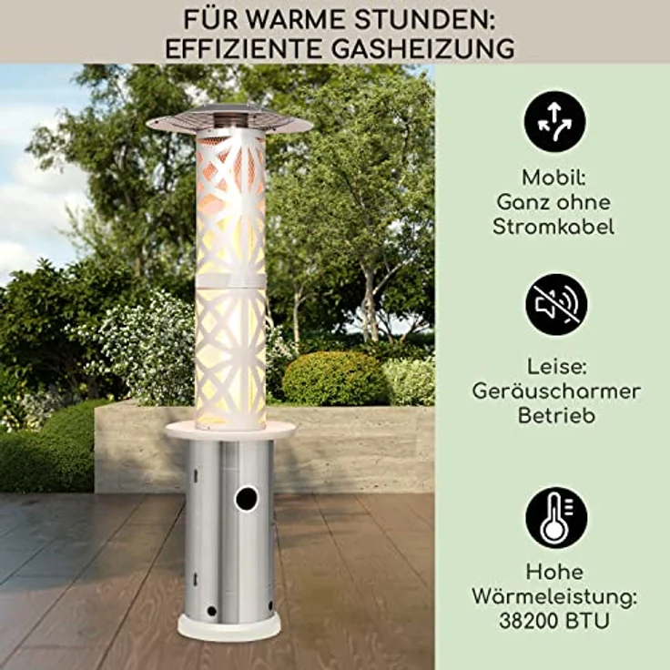 Blumfeldt Terrassenheizer, Outdoor-Gasheizstrahler, Heizpilz Gas für Terrasse, Garten & Balkon, Terrassen-Heizer mit Elektrischer Zündung, 360°Flammen-Blick, Gas-Heizstrahler mit Bodenrollen – Bild 2