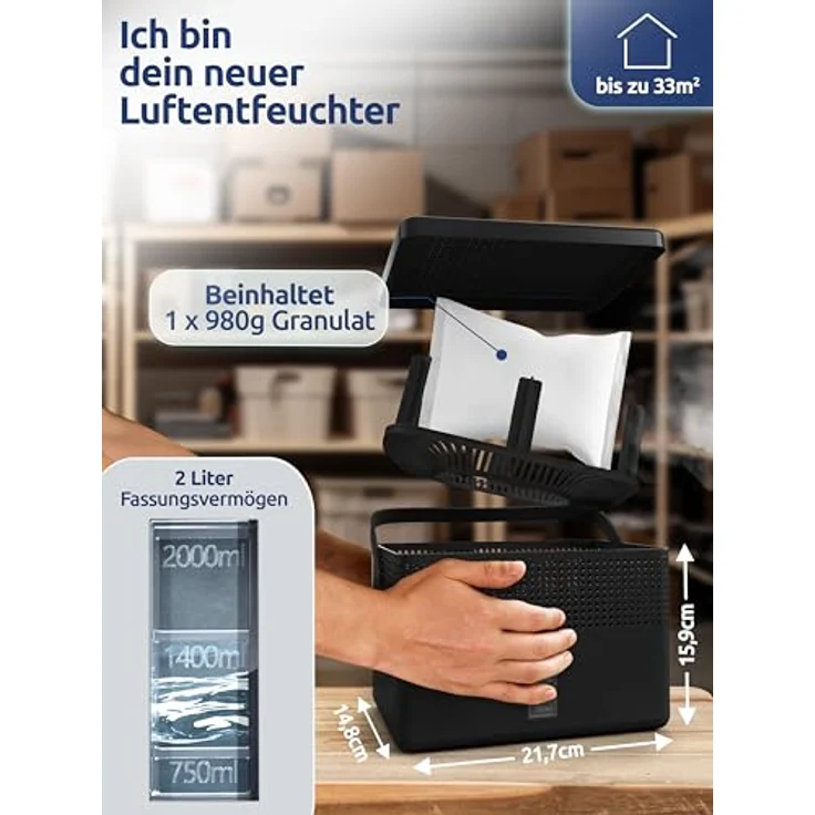 BonAura® AirOne Max, Luftentfeuchter ohne Strom für Räume bis 33m², 360° Belüftung, integrierter Ausgießer, 980g Granulat, Schimmel- und Geruchsschutz – Bild 2