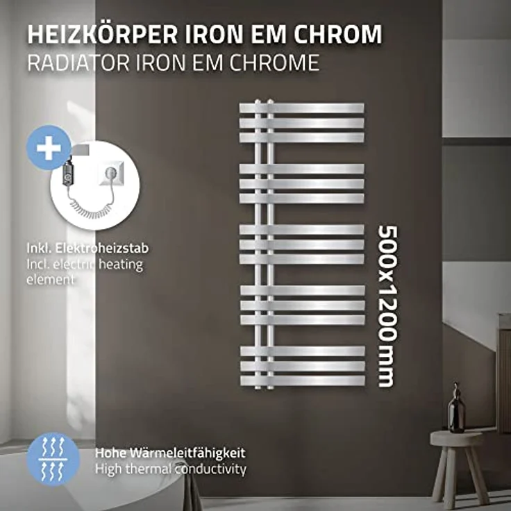 ECD Germany Iron EM Design Badheizkörper Elektrisch mit Heizstab 900 W - 500 x 1200 mm - Chrom - Designheizkörper Paneelheizkörper Handtuchwärmer – Bild 3