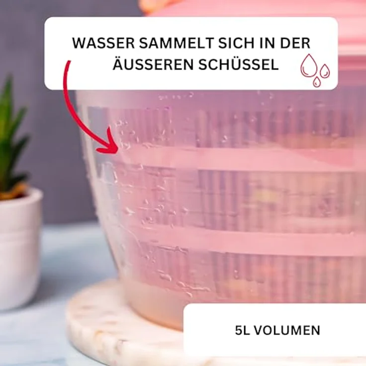 Westmark Fortuna Salatschleuder, 5 Liter, BPA-frei, transparent/rosa, ergonomischer Drehknauf, made in Germany – Bild 5