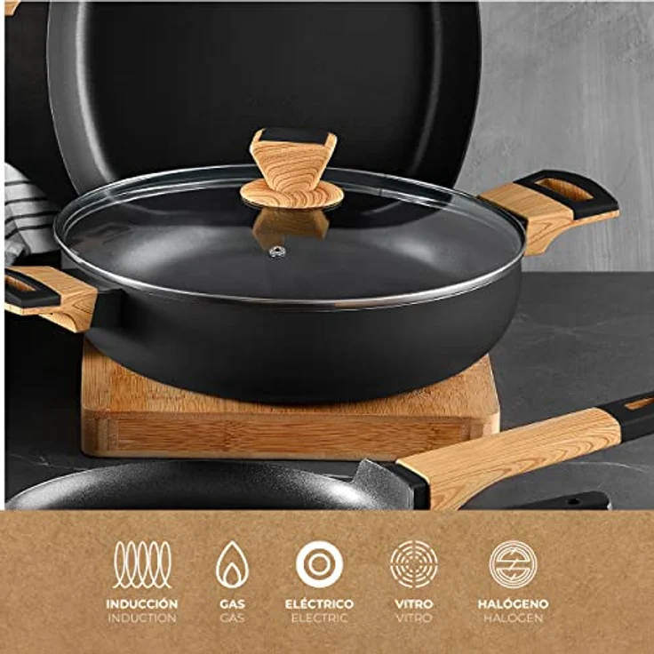 BERGNER Earth | Kochtopf | Niedrige Stielkasserolle 28 cm mit Deckel | Farbe Grau | Aus Gepresstem Aluminium mit Ergonomischen Holzgriffen | Küchenzubehör | Geeignet für alle Herdarten – Bild 3