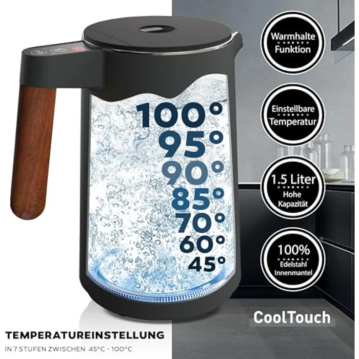 BALTER Edelstahl Wasserkocher mit Temperatureinstellung, 45°C-100°C, Doppelwand, BPA frei, leise & kabellos, Warmhaltefunktion, Teekocher mit Temperaturanzeige, 1.5L, 2200W, Schwarz (Titanium Gray) – Bild 5