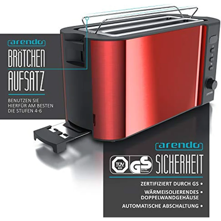 Arendo Frukost 4-Scheiben Langschlitz-Toaster aus Edelstahl mit Defrost-Funktion, integriertem Brötchenaufsatz und Restzeitanzeige, rot – Bild 5