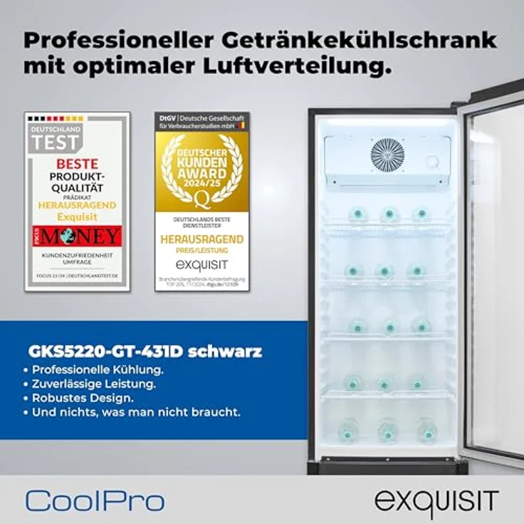 Exquisit GKS5220-GT-431D, Glastürkühlschrank mit 240l Volumen, 153 cm Höhe, Umluft, 4 verstellbare Ablagen, LED-Beleuchtung, schwarz – Bild 2