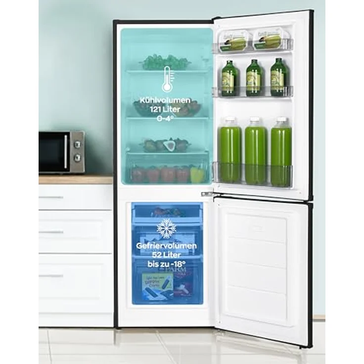 Heinrich´s Kühlgefrierkombination 173L Gesamtvolumen, 121L Kühlvolumen 52L Gefriervolumen, LED Beleuchtung, leise 40dB, große Tiefkühlboxen, 7 Temperaturstufen (schwarz) – Bild 4