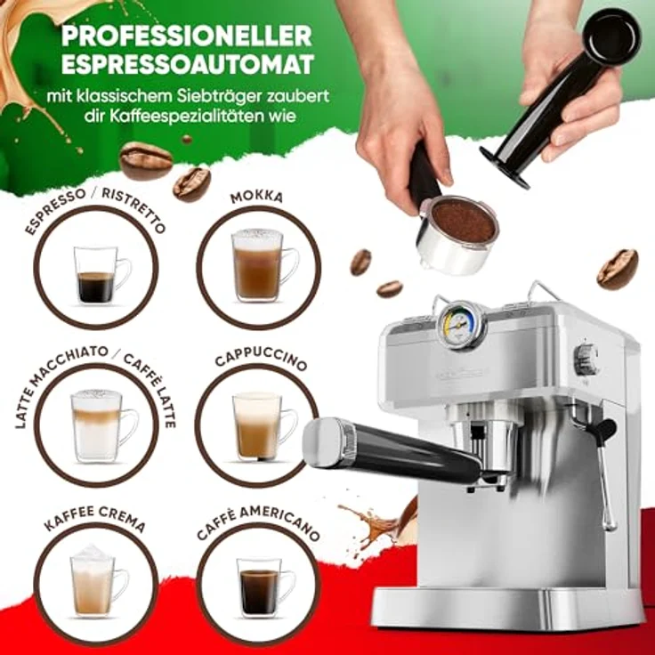 ProfiCook Espressomaschine PC ES 1267 | Profi-Espressopumpe 20 bar | für Kaffeepulver und Nespresso kompatible Kapseln | Siebträger | Edelstahldampfdüse | inkl. Zubehör, Silber – Bild 3