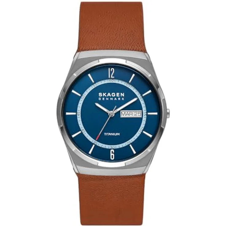 Skagen Herrenuhr Melbye Titanium Quarz/3 Zeiger Uhrwerk Day-Date 40 mm Gehäusegröße mit Lederarmband SKW6906
