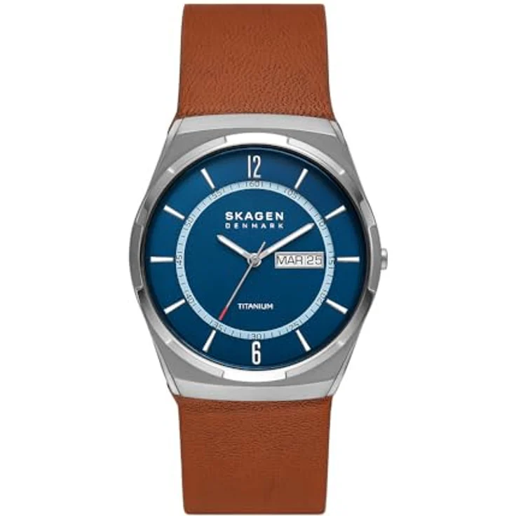 Skagen Herrenuhr Melbye Titanium Quarz/3 Zeiger Uhrwerk Day-Date 40 mm Gehäusegröße mit Lederarmband SKW6906 – Bild 1