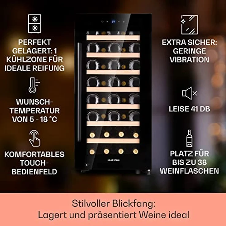 Klarstein Barossa 38 Uno Weinkühlschrank, freistehend, schwarz, 38 Flaschen, 1 Temperaturzone, Touch-Display, Energieklasse F – Bild 3