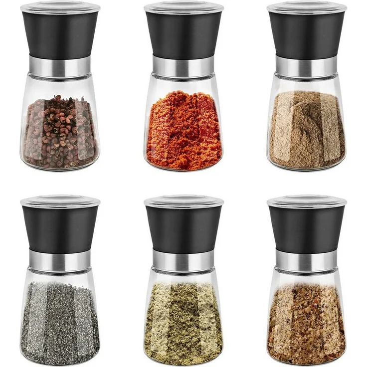 Youyijia Pfeffermühle 6er Set, manuelle Gewürzmühle mit hochwertigem Keramikmahlwerk und transparentem Design, schwarz
