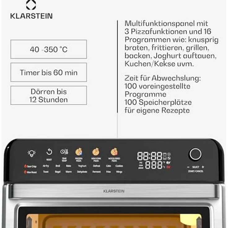 Klarstein AirGlaze Digital Colour Heißluftfritteuse – 34 L, 2200 W, 19 Programme, Drehspieß, Touch Display, 40-350 °C, Pizzastein & Grillroste, Edelstahl, Doppelt Verglaste Tür, Schwarz – Bild 5
