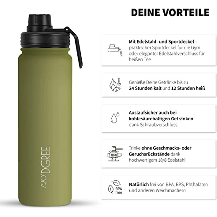 720 DGREE Trinkflasche Doppelwandig Edelstahl 710ml Isolierflasche Sportdeckel olive – Bild 2