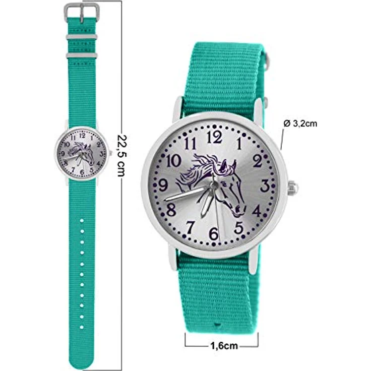 Pacific Time Mädchen Uhr Pferde, analoge Quarz-Armbanduhr mit türkisem Textil-Wechselarmband, leuchtende Zeiger, 3,2 cm Gehäusedurchmesser – Bild 5