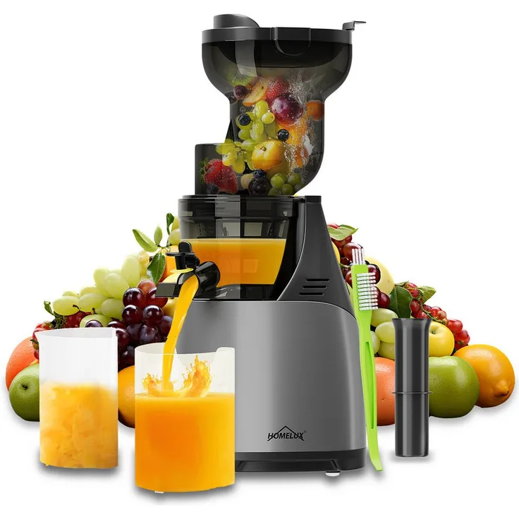 HOMELUX Slow Juicer Entsafter, 140 mm Einfüllöffnung für ganze Obst und Gemüse, 150 W, BPA-frei, hohe Saftausbeute, inkl. 2 Bechern und Reinigungsbürste