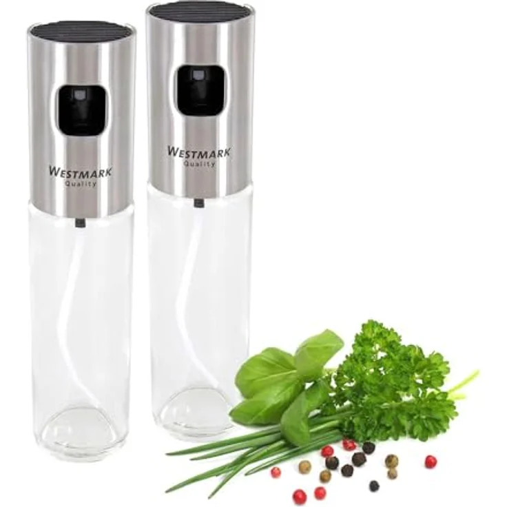 Westmark Essig- und Ölsprüher Set, Mit Pumpsprühkopf, Füllvolumen je 100 ml, Glas-Rostfreier Edelstahl, Silber-Transparent, 24362260 – Bild 2