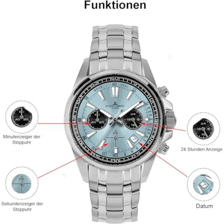 JACQUES LEMANS Herrenuhr Chronograph Liverpool Stahl/Hellblau mit Mineralglas – Bild 2